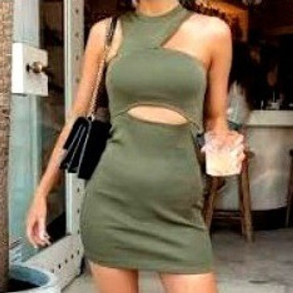 HELLO MOLLY NWT Small Olive Green Ribbed Cutout Mini Dress Sleeveless Bodycon